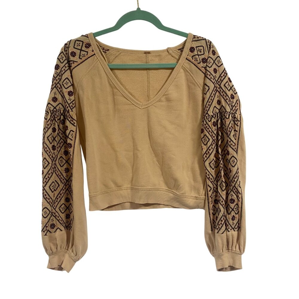 Free People Senorita Crop Embroidered Puff Sleeve Pullover